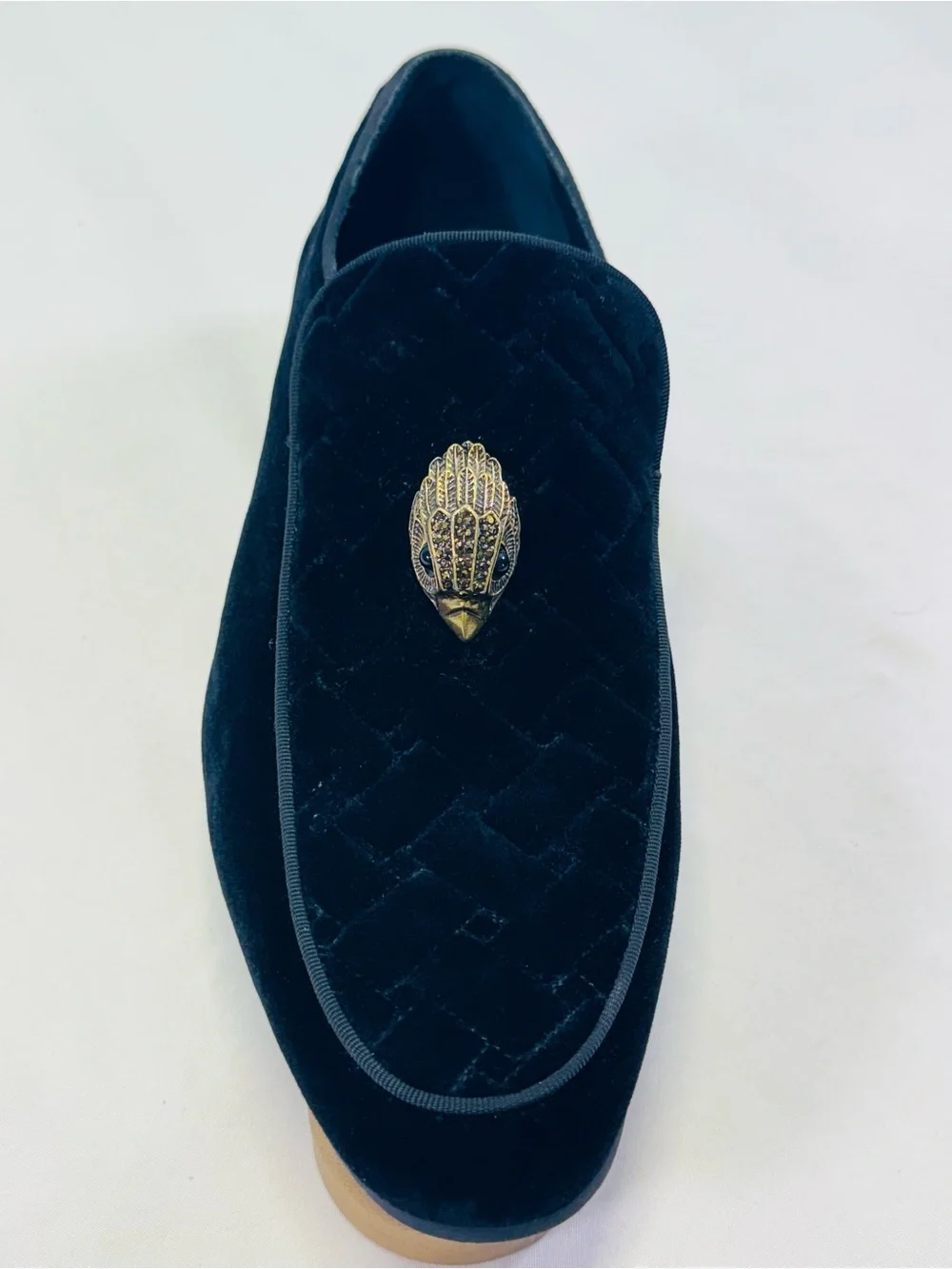 Kurt Geiger Black Velvet Slip-On Loafers with Gold Bird Emblem